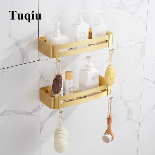 DecorBites™ Brushed Gold Aluminum Corner Shower Shelf with Soap Dish