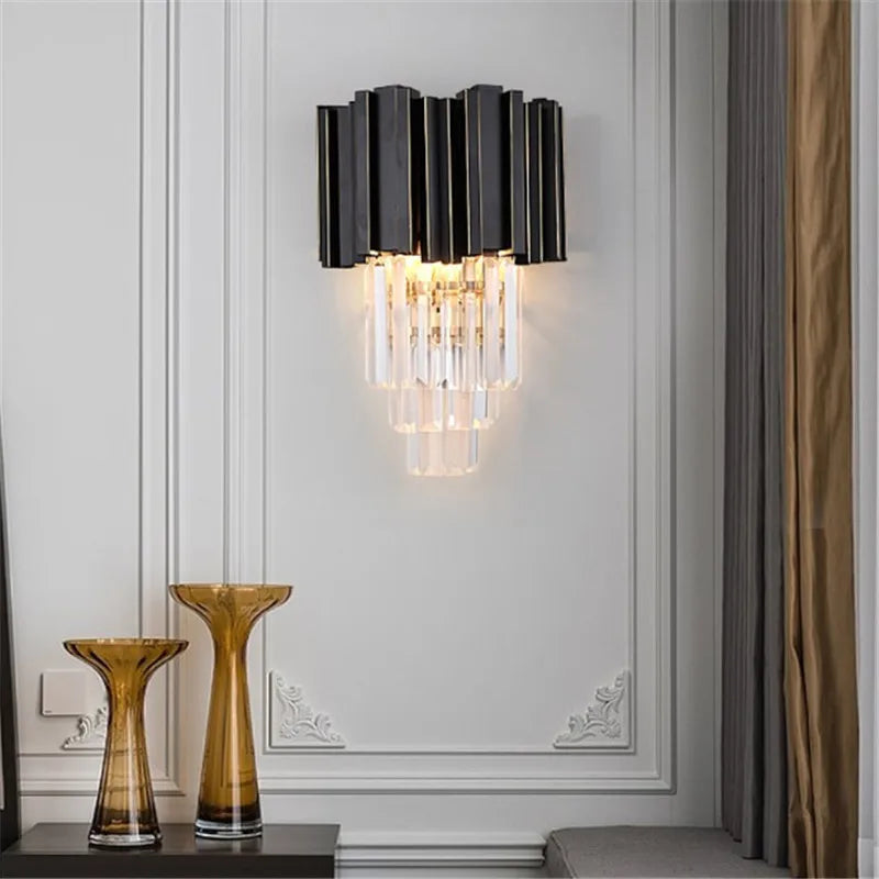DecorBites™ Gold Black Crystal Wall Sconce, Modern K9 Crystal Drops Shade Wall Lamp