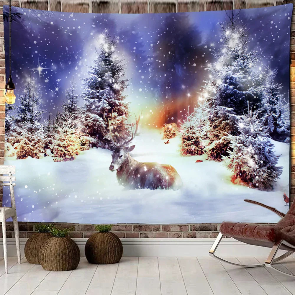 Decobites Christmas Woods Snow Scene Tapestry Wall Hanging - Elk Bohemian Style Bed Curtain Home Decor