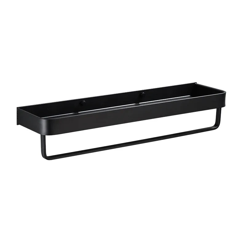 DecorBites™ Black Aluminum Bathroom Shower Shelf with Hook Bar and Shampoo Holder