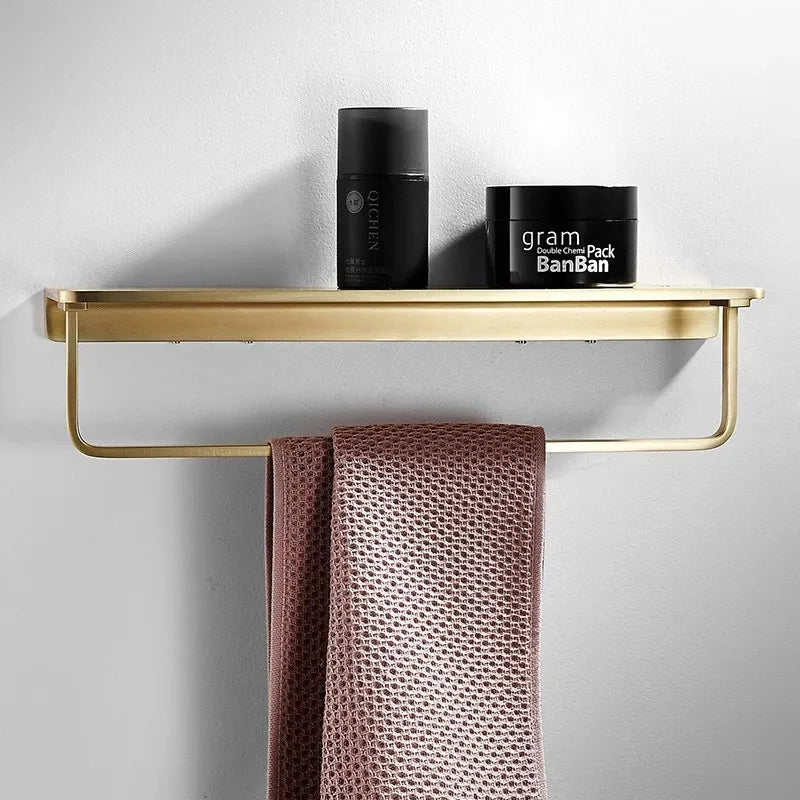 DecorBites™ Brushed Gold Bathroom Hardware Set: Towel Rack, Corner Shelf, Paper Holder, Hook, Toilet Brush Holder