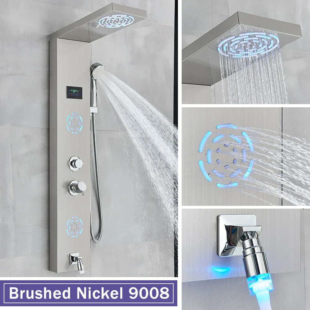 DecorBites™ LCD Black LED Rainfall Shower Panel with 5 Massage Jets Wall Mount