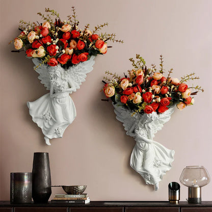 ديكور الحائط DecorBites™ مزهرية ملاك، رف من الراتنج، جدارية فنية لغرفة المعيشة، وعاء زهور كيوبيد