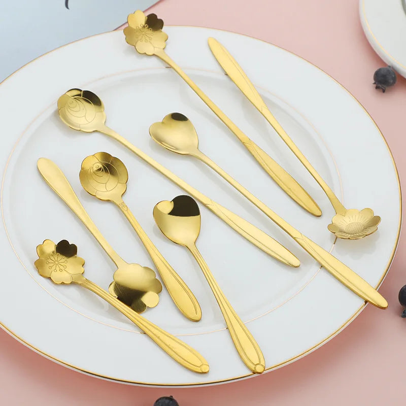 Juego de cucharillas de acero inoxidable Decorbites™ Flor de Oro para café, postres y helado