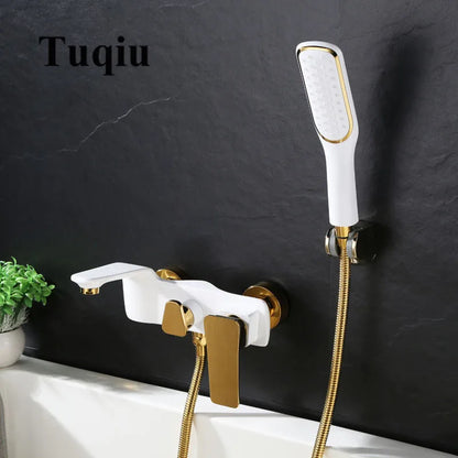 DecorBites™ Gold & White Wall Mounted Bathtub Faucet, Brass Bath Shower Mixer