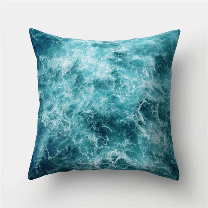 Funda de almohada DecorBites™ con hojas tropicales verdes y diseño de bosque - Decoración natural de olas del océano y montañas