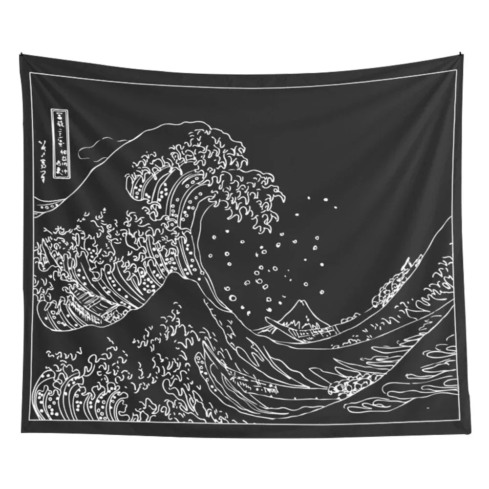 Decobites Kanagawa Wave Black White Tapestry Japanese Surfing Vintage Art Wall Hanging