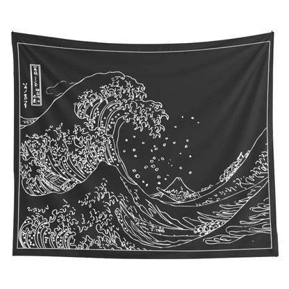 Decobites Kanagawa Wave Black White Tapestry Japanese Surfing Vintage Art Wall Hanging