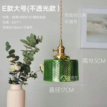 DecorBites™ Green Glass Pendant Light Switch Bar Bedroom Copper Hanging Lamp