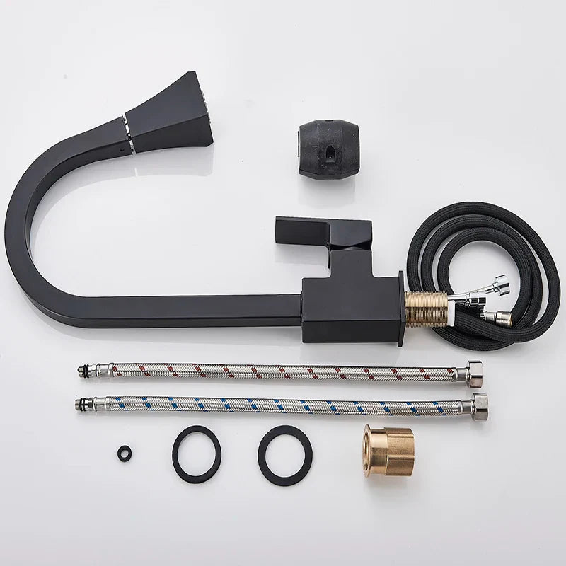 DecorBites™ Black Kitchen Faucet Pull Out Mixer Square Single Handle Deck Mounted Tap