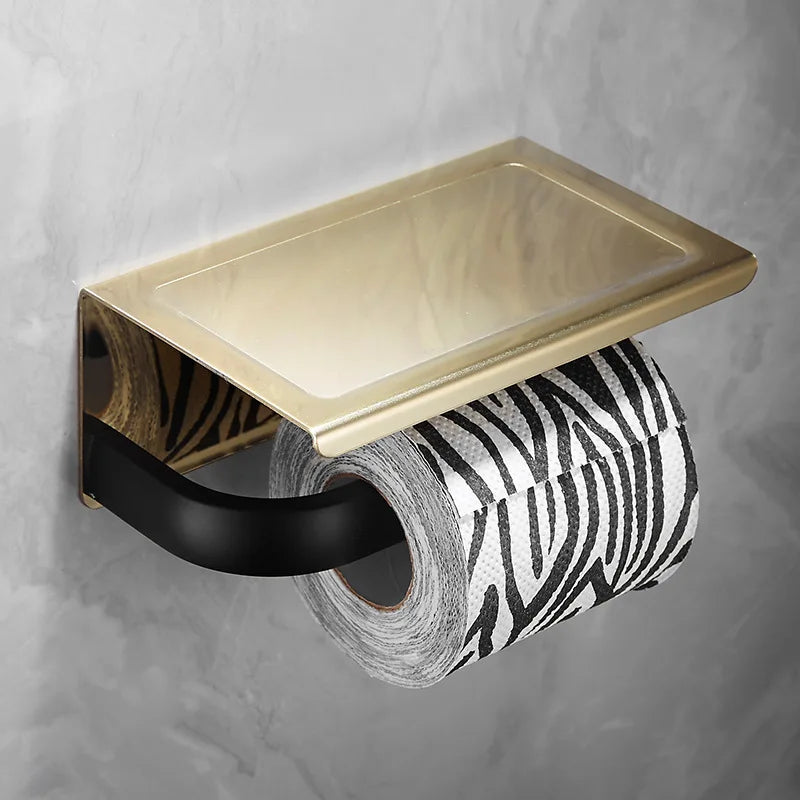 Conjunto de Baño Decorbites™ Oro y Negro - Estante, Perchero para Toallas, Soportes, Soporte para Cepillo y Más