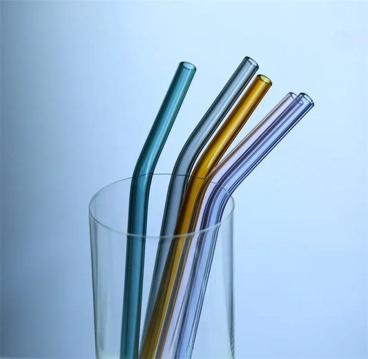 DecorBites™ 6Pcs Colorful Glass Curved Juice Straws - Heat-resistant and Transparent
