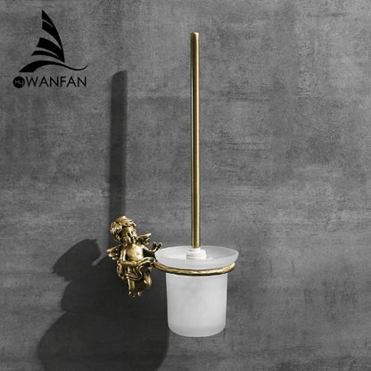 DecorBites™ Classic Angel Brass Toilet Brush and Holder Set for Bathroom