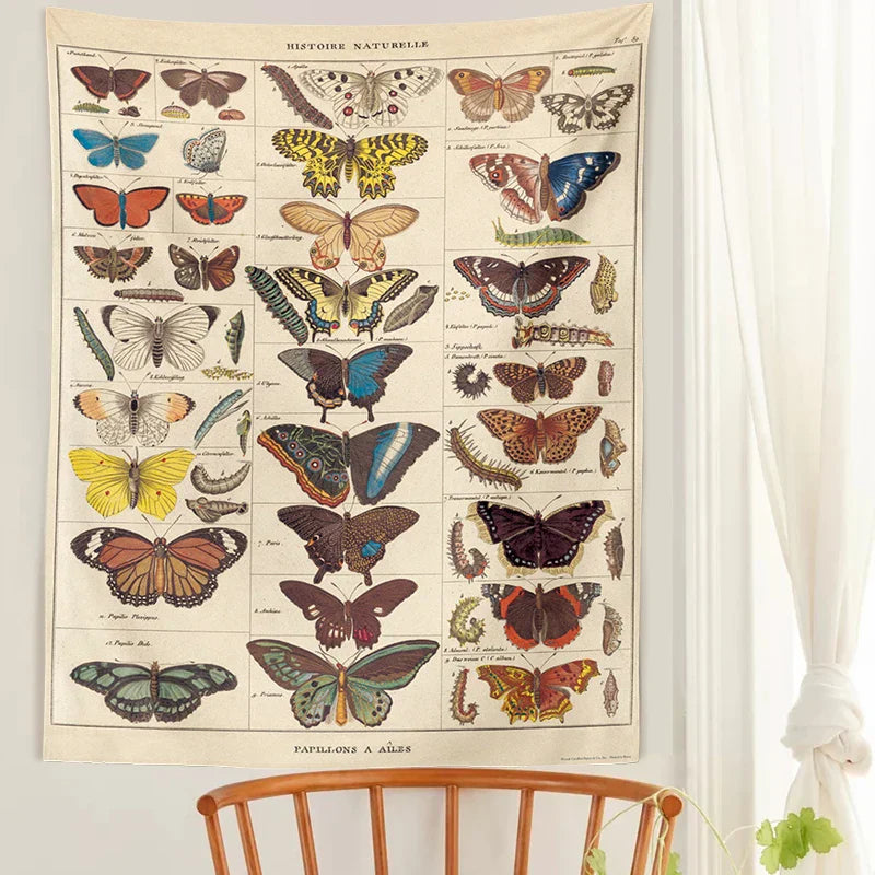 Butterfly Chart Tapestry by Decobites - Vintage & Colorful Wall Hanging