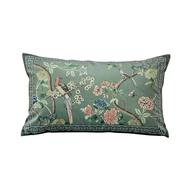 DecorBites™ Chinoiserie Courtyard Bird & Flowers Print Lumbar Pillow Case - Eastern Home Decor