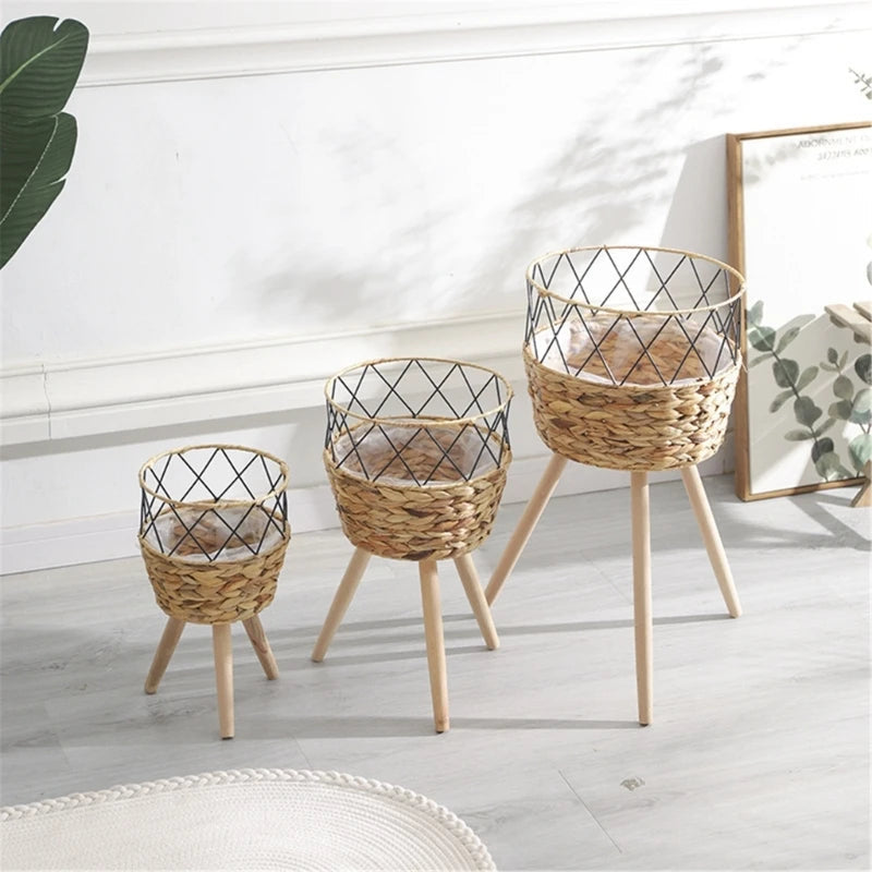 Handwoven Wooden Plant Basket Stand