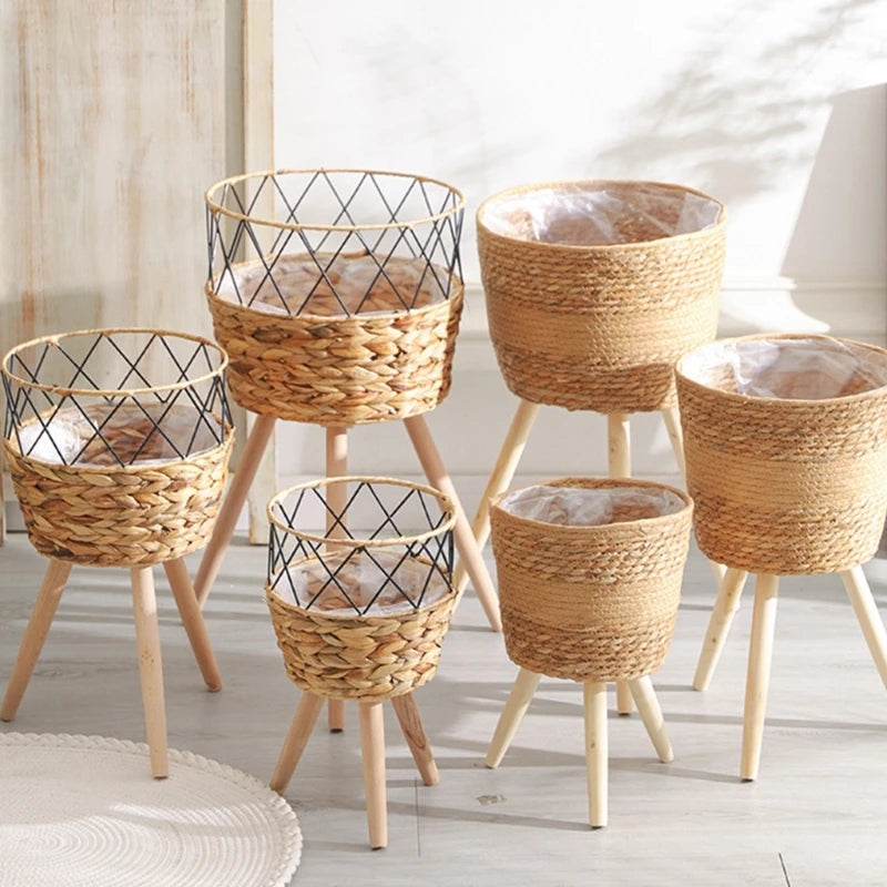 Handwoven Wooden Plant Basket Stand