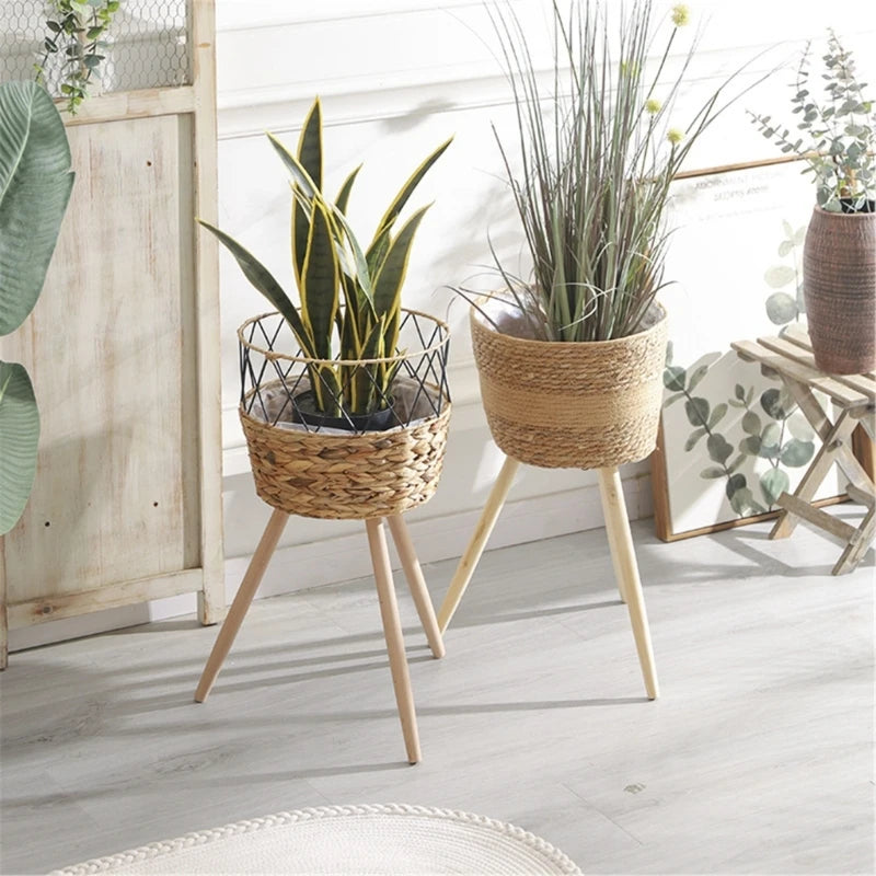 Handwoven Wooden Plant Basket Stand