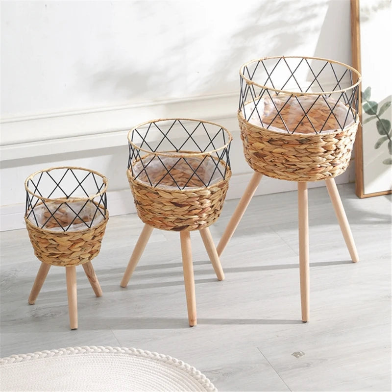 Handwoven Wooden Plant Basket Stand