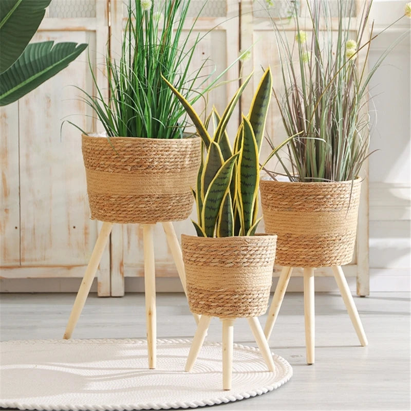 Handwoven Wooden Plant Basket Stand