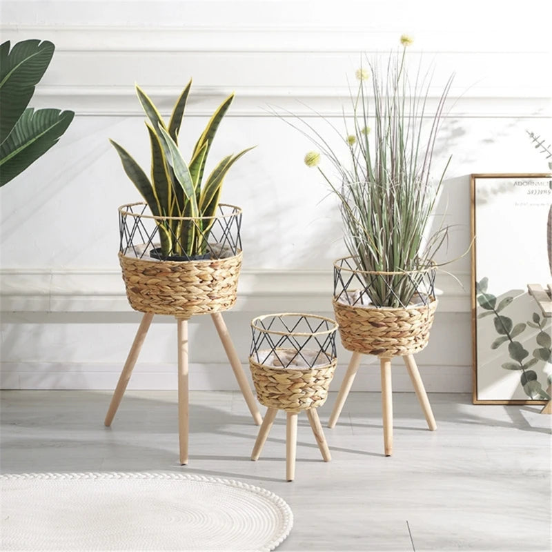 Handwoven Wooden Plant Basket Stand