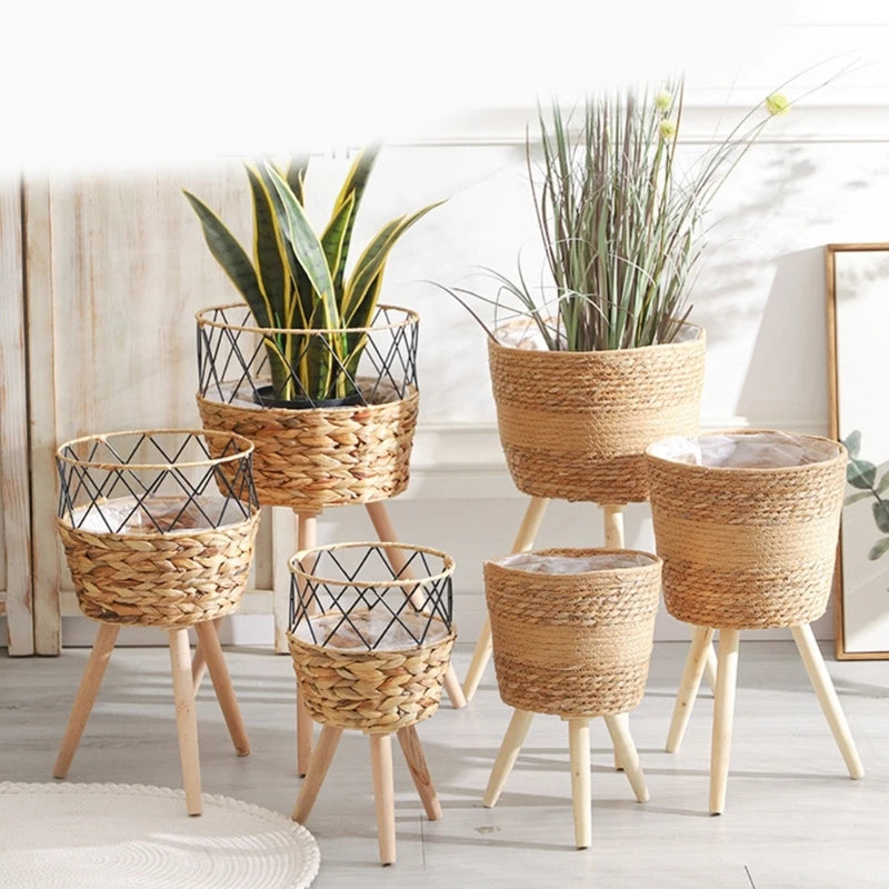 Handwoven Wooden Plant Basket Stand