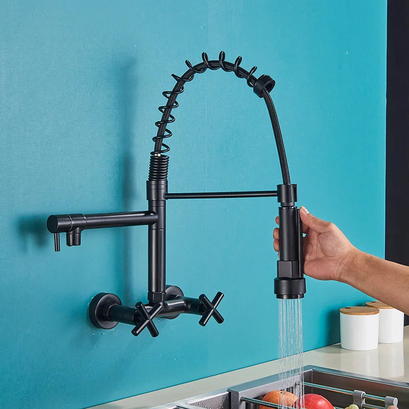DecorBites™ Gold Black Kitchen Faucet Wall Mount Pull Down Tap Dual Swivel Spouts