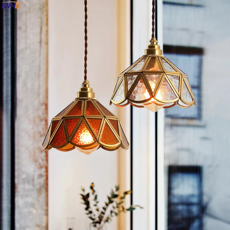 Decorbites™ Japanisches Vintage-Glas-Kupfer-LED-Pendant-Lampenleuchte für Schlafzimmer, Bar, Café