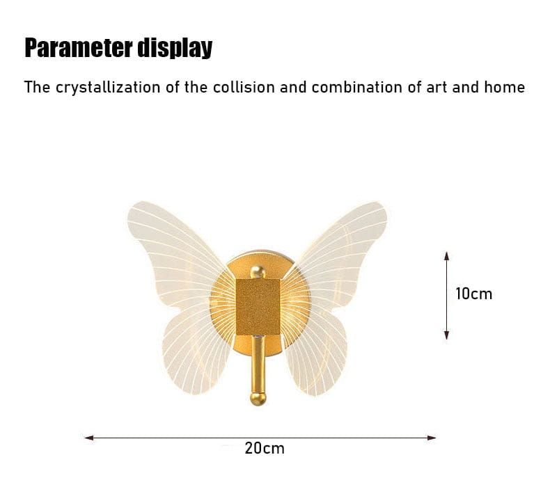 Modern Nordic gold led butterfly wall lamp featuring a gold-toned butterfly-shaped copper led butterfly design with translucent ribbed wings and a central square light fixture for bedroom use.