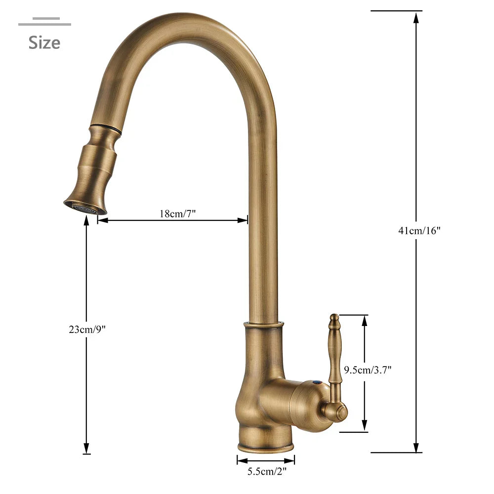DecorBites™ Antique Brass Kitchen Faucet Pull Out Spout Black Swivel Mixer Tap