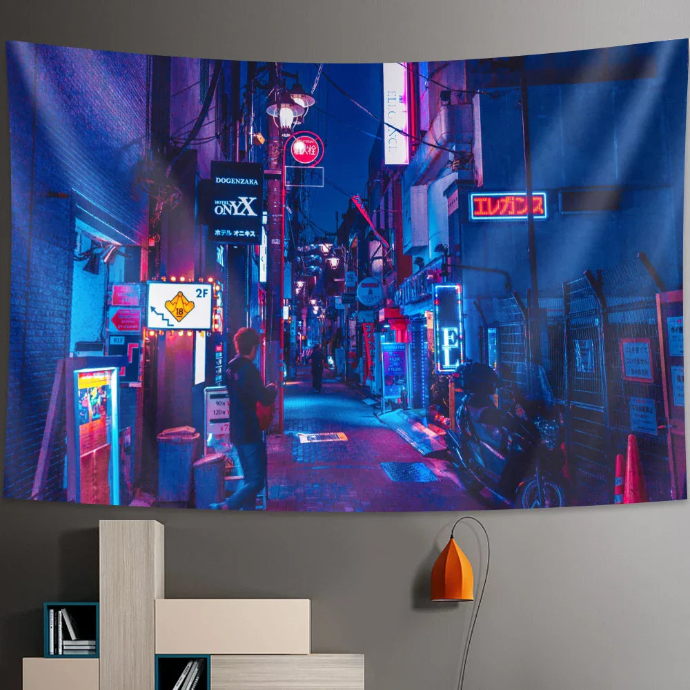 Decobites Tokyo Nightlife Tapestry: Japanese Wall Hanging Bohemian Decorative Sheet