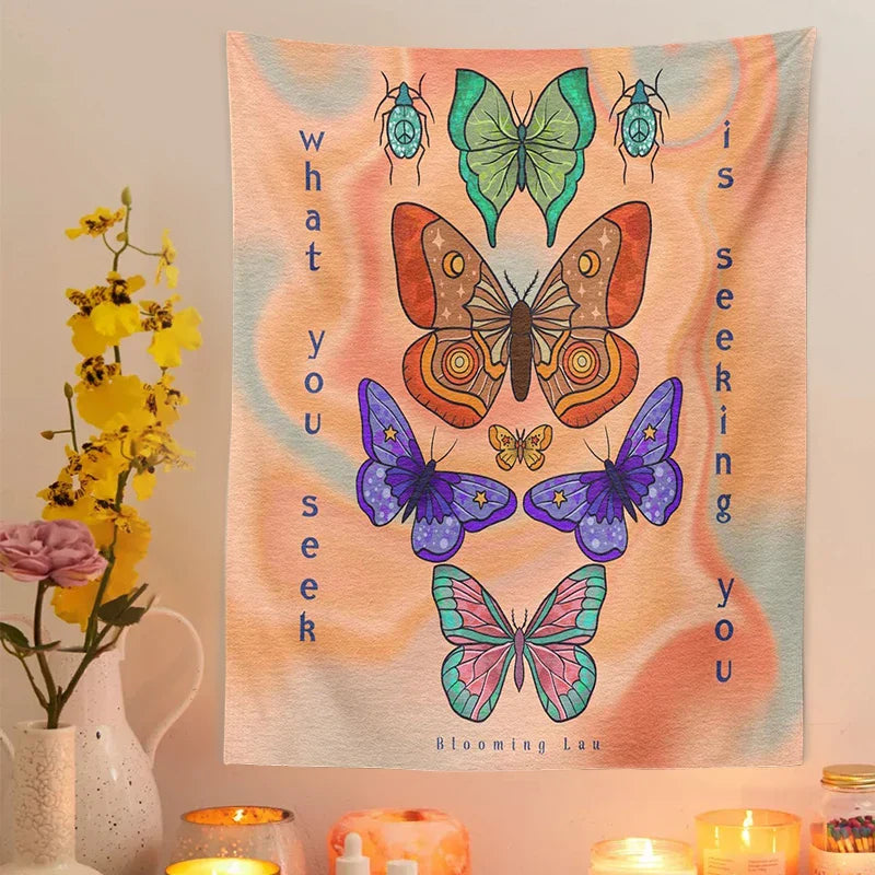 Decobites Sunshine Butterfly Tapestry - Retro Psychedelic Flower Wall Hanging