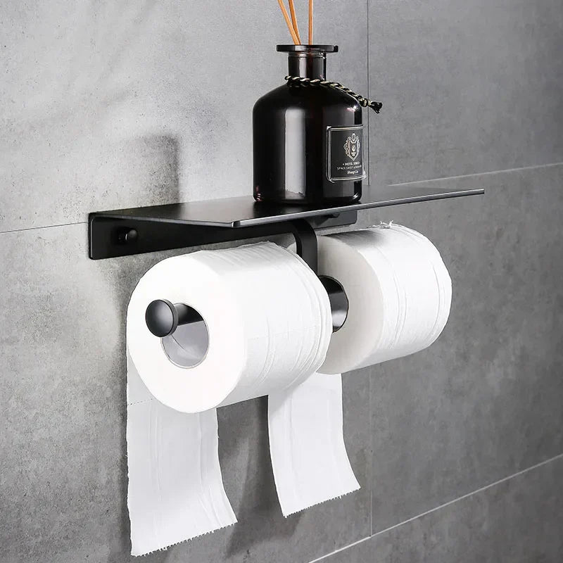 DecorBites™ Black Aluminum Toilet Paper Holder with Phone Shelf & Double Roll Tissue Boxes