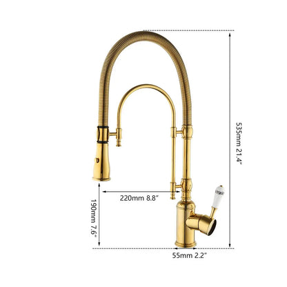 Grifo mezclador giratorio para lavabo de cocina DecorBites™ dorado con resorte extraíble