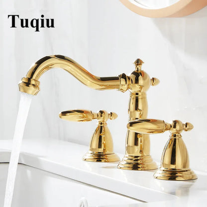 DecorBites™ Gold Brass Widespread Bathroom Faucet - Antique Sink Faucets 3 Hole