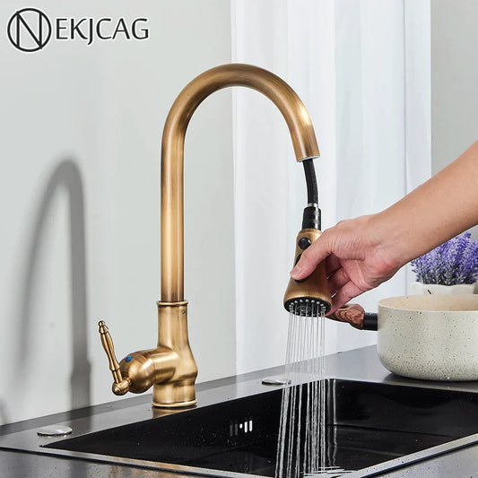 DecorBites™ Antique Brass Kitchen Faucet with Pull Down Spout and Single Handle