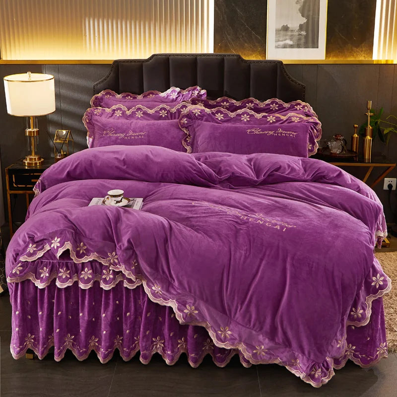 Decobites Velvet Bedding Set with Gold Embroidery & Ruffles