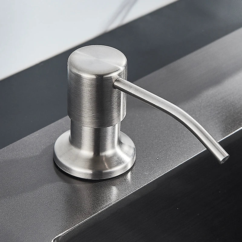 Dispensador de jabón de cocina DecorBites™ de 220 ml, negro, con cabezal de acero inoxidable y botella para detergente líquido en 3 colores.