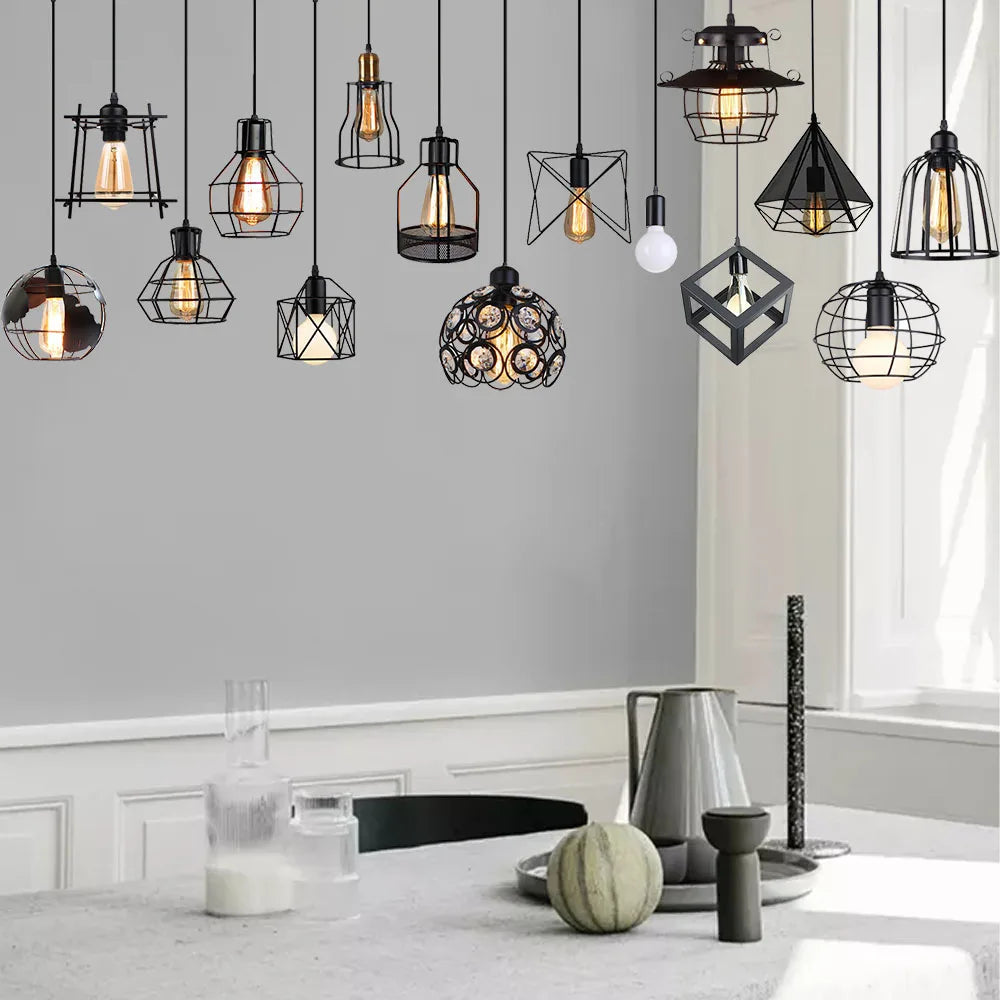 DecorBites™ Industrial Nordic Cage Pendant Light, Black Iron Retro Loft Hanging Lamp