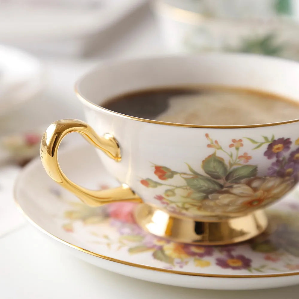 DecorBites™ Elegant Floral Bone China Tea Cup Set 200ml - Premium Porcelain Teacup Saucer Spoon