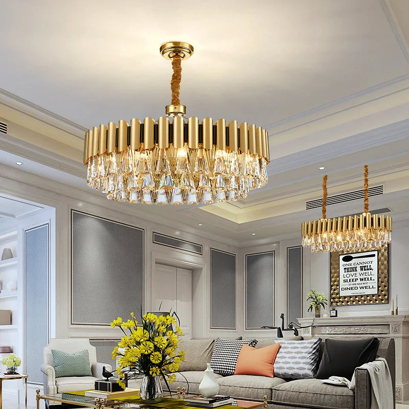 DecorBites™ Golden Stainless Steel Crystal Chandelier | LED Round Oval Lustre Fixture
