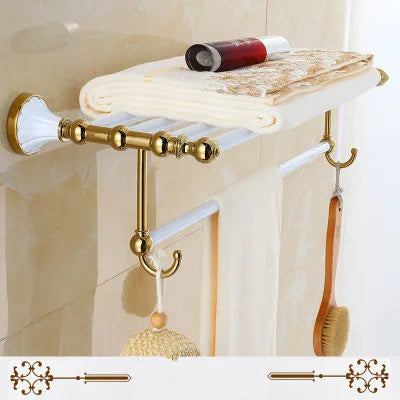 DecorBites™ Gold & White Bathroom Accessories Set: Corner Shelf, Paper Holder, Towel Holder, Toilet Brush Holder, Towel Rack