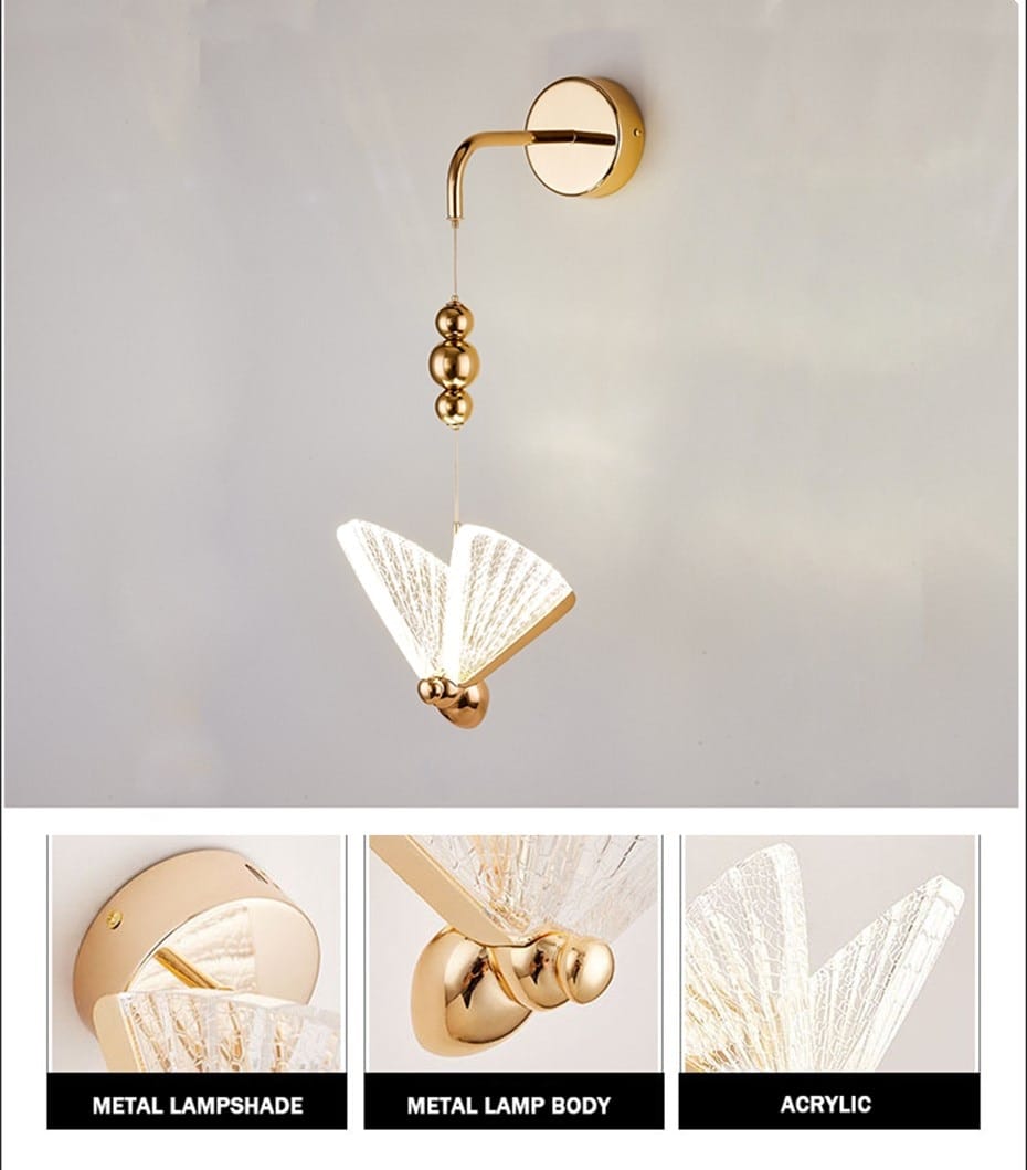 gold and patterned butterfly led wall light featuring a gold-finished metal and acrylic fan-shaped translucent illuminated shade designed as a nordic butterfly led wall light for bedroom use