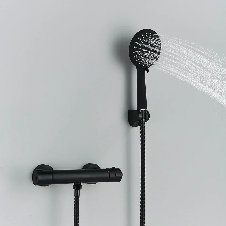 طقم دش ترموستاتي من ديكوربايتس™ باللونين الأسود والكروم مع حامل حائط - إكسسوارات الحمام