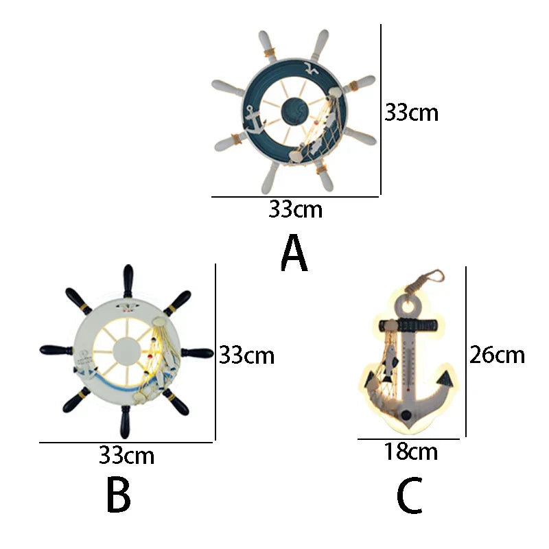 ديكوربايتس™ مصباح حائط LED للأطفال على شكل دفة سفينة - ديكور البحر الأبيض المتوسط ​​بطابع المحيط