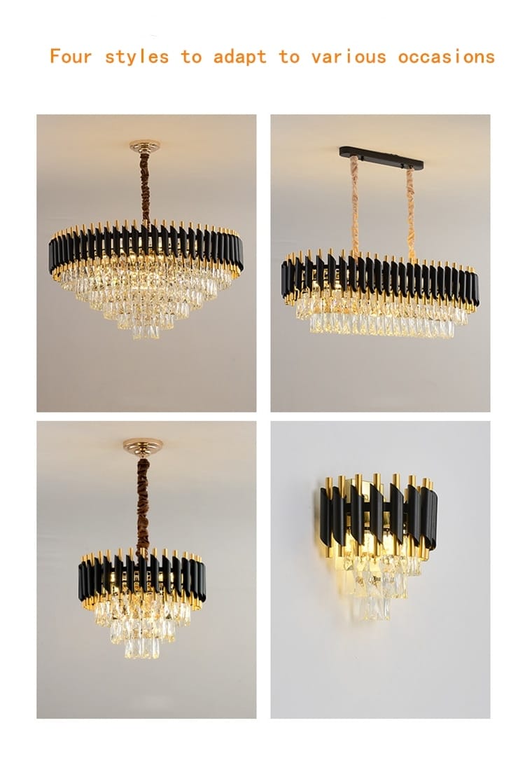 Luxury k9 crystal tiered chandelier in black and gold with crystal droplets designed as a nebra luxury crystal chandelier for dining room lighting.