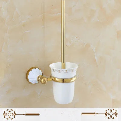 DecorBites™ Gold & White Bathroom Accessories Set: Corner Shelf, Paper Holder, Towel Holder, Toilet Brush Holder, Towel Rack