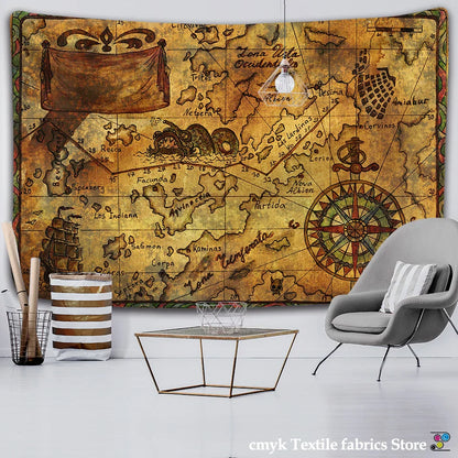 Decobites Nautical Chart Tapestry Pirate Treasure Map Wall Hanging Watercolor Table Cover