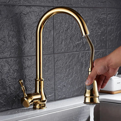 DecorBites™ Gold Kitchen Faucet Pull Out Swivel Water Mixer Tap Single Handle Sink