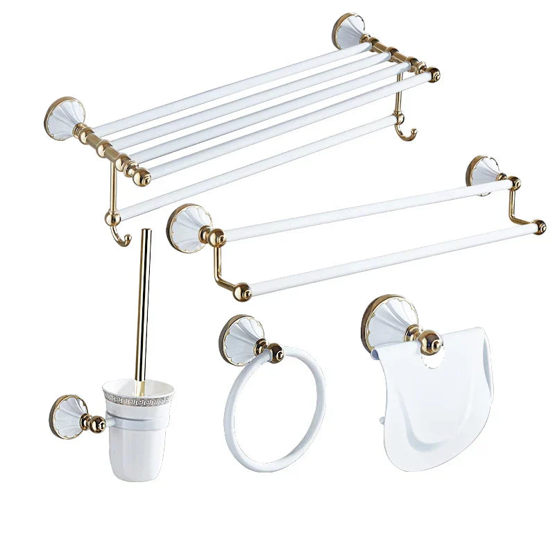Conjunto de Accesorios para Baño Decorbites™ Oro y Blanco: Estante de Esquina, Soporte para Papel, Soporte para Toallas, Soporte para Cepillo de Inodoro, Perchero para Toallas